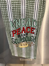Load image into Gallery viewer, Over the door hanging towel. "Knead Peace, Bake Sourdough"