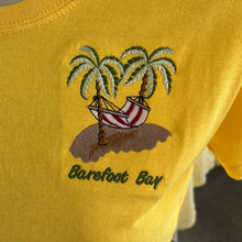 Load image into Gallery viewer, Barefoot Bay Scoop neck tee shirt with hammock and palm trees
