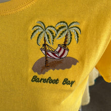 Load image into Gallery viewer, Barefoot Bay Scoop neck tee shirt with hammock and palm trees