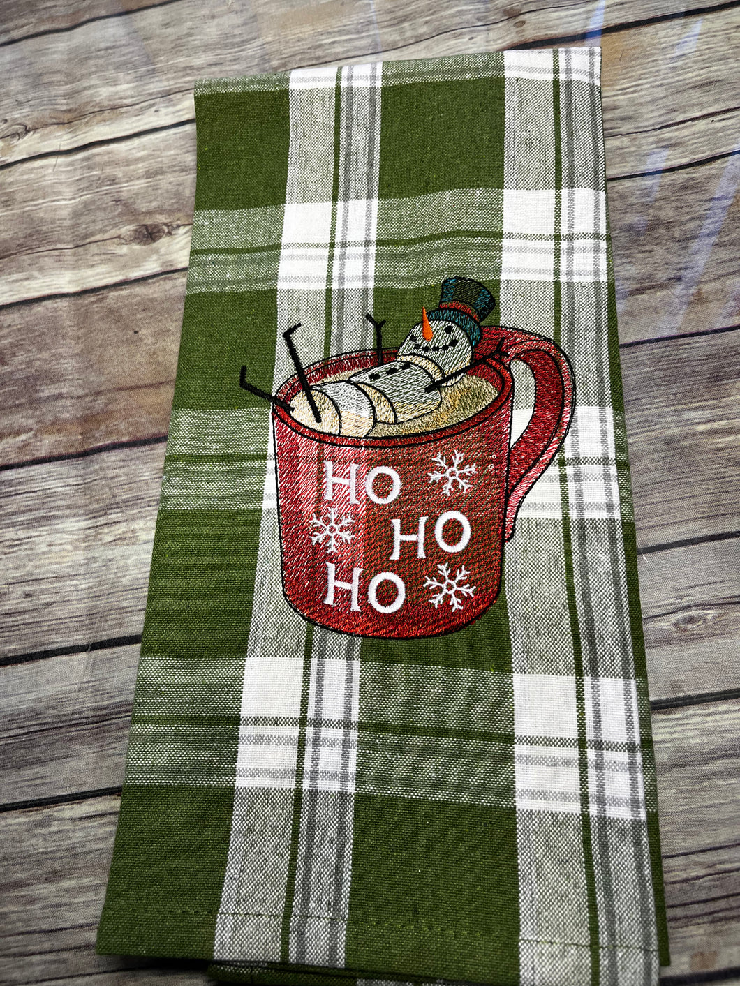Hot Chocolate Snowman kitchen towel Green