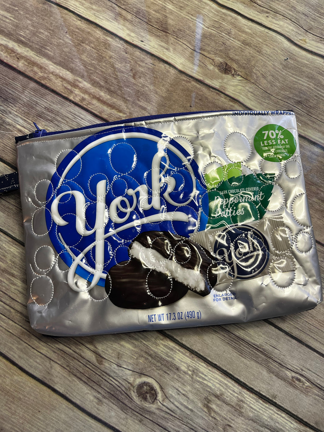 York Peppermint Patties embroidered clutch bag