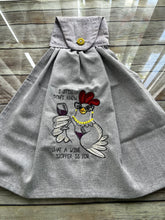 Load image into Gallery viewer, Over the door hanging towel.   Sassy Chicken - &quot;I still don&#39;t know what a wine stopper is for&quot;
