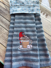 Load image into Gallery viewer, Over the door hanging towel. Cute little Gnome with Hot Chocolate

