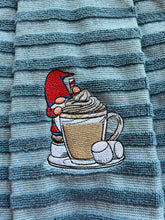 Load image into Gallery viewer, Over the door hanging towel. Cute little Gnome with Hot Chocolate
