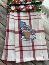 Load image into Gallery viewer, Over the door hanging towel. Cute little Gnome with Hot Chocolate

