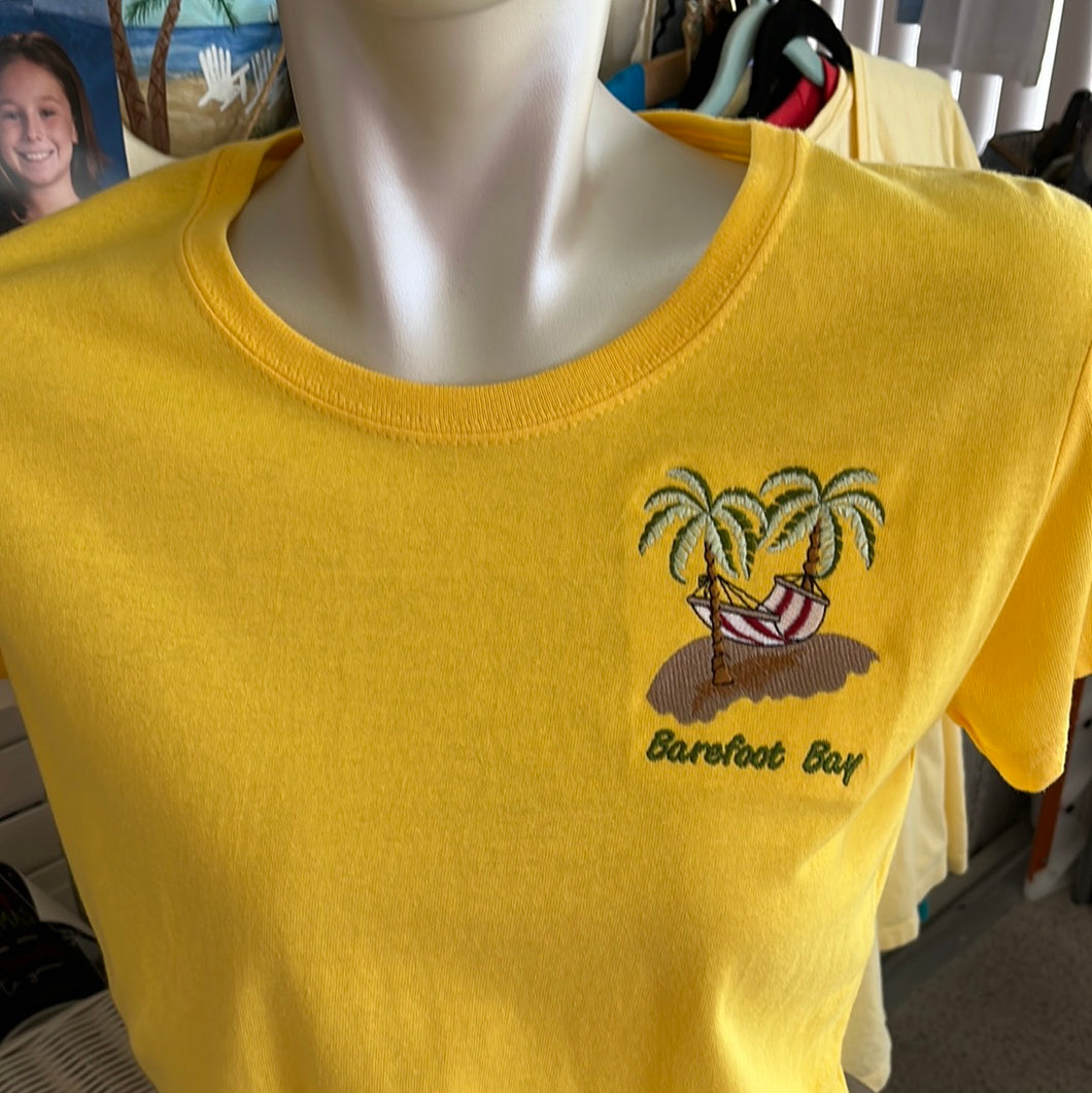 Barefoot Bay Scoop neck tee shirt with hammock and palm trees