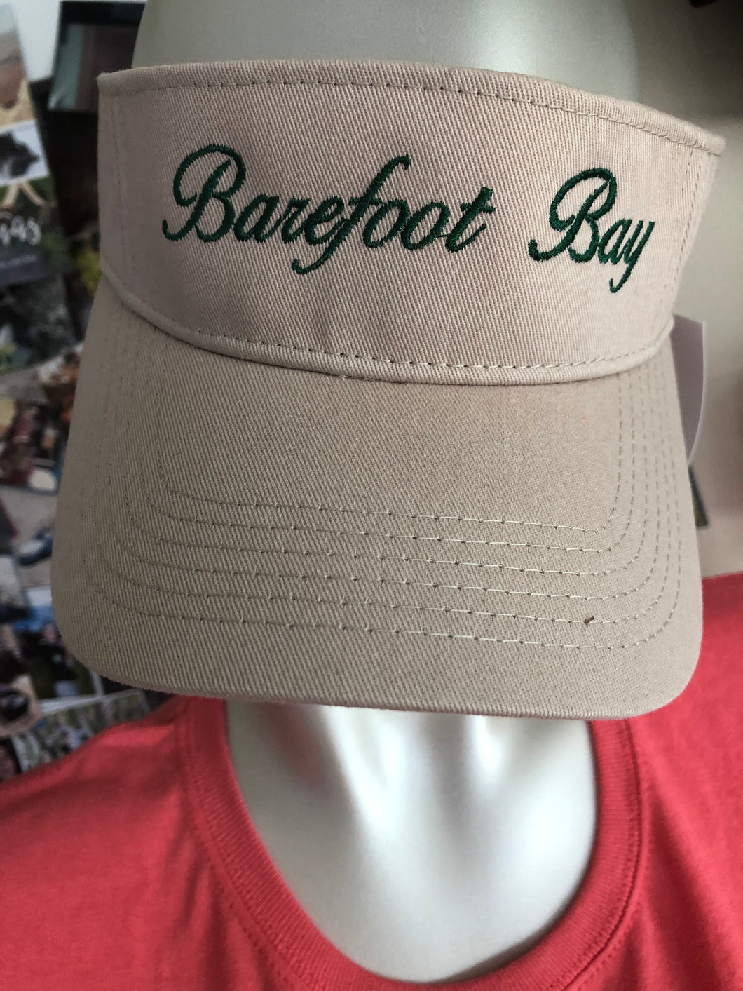 Tan visor with Green Barefoot Bay