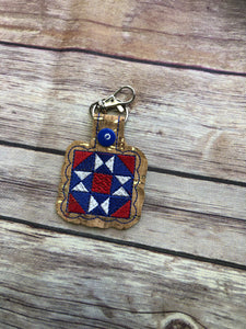 Quilt square Key Fob  Machine Embroidered