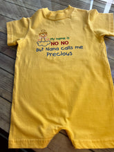 Load image into Gallery viewer, My name is NO NO but Nana calls me precious yellow creeper size 12 months
