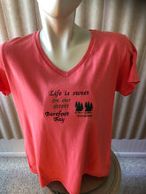 Load image into Gallery viewer, Life is sweet on our street Evergreen Barefoot Bay v neckline womans tee shirt large
