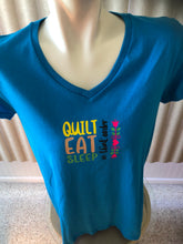 Load image into Gallery viewer, Medium V neck ladies Tee shirt.  Quilt Eat Sleep
